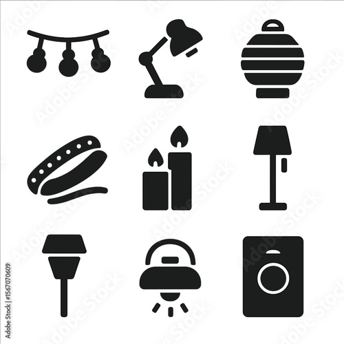 Budget Lighting Icons. Solid, filled icons set of lighting solutions on a budget: string fairy lights, desk
