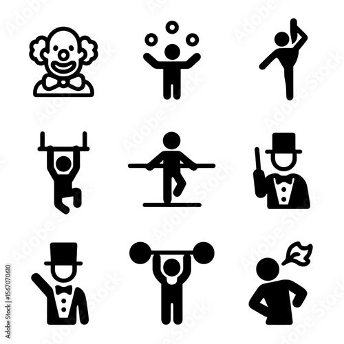 Circus Performer Icons. Solid, filled icon set of circus performers: clown, juggler, acrobat, trapeze artist, tightrope walker,