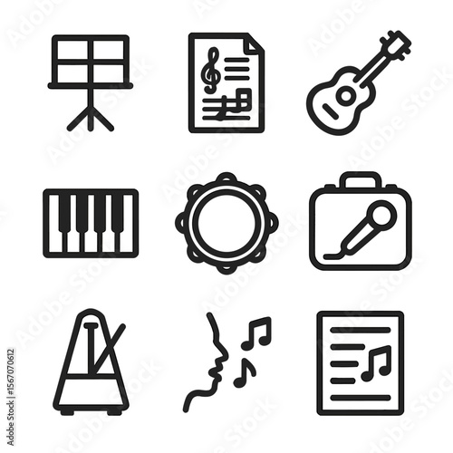 Music Icon Collection. Solid, filled icon set of music and singing accessories: music stand, sheet music, guitar, piano keyboard,