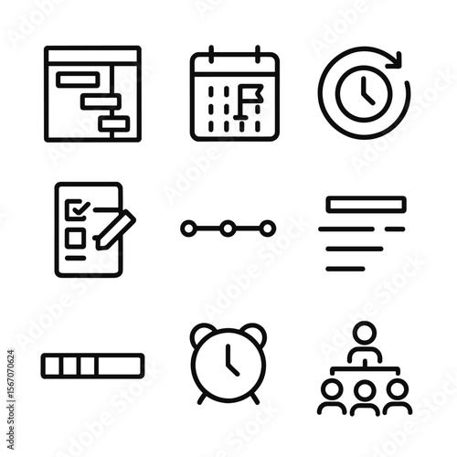 Project Management Icons. Outline icon set of project scheduling and timeline: Gantt chart, calendar with milestone, clock with