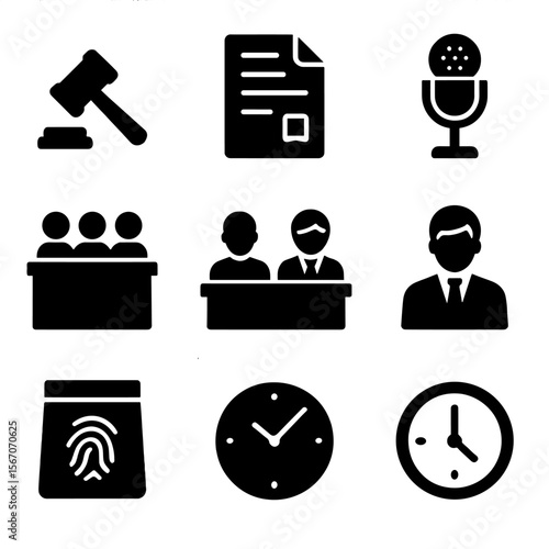 Courtroom Icon Set. Solid, filled icon set of courtroom objects: gavel, legal document, microphone, jury box, defendant, plaintiff