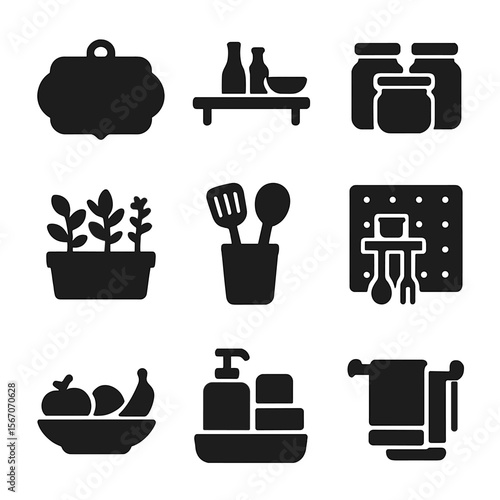 Budget Kitchen Icons. Solid, filled icons set of budget kitchen decor ideas: chalkboard label, open shelving,