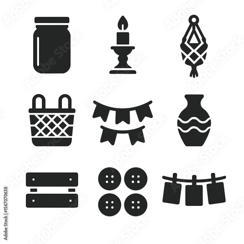 DIY Icons Collection. Solid, filled icons set of DIY home accessories: mason jar, candle holder, macramé