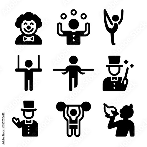 Circus Performer Icons. Solid, filled icon set of circus performers: clown, juggler, acrobat, trapeze artist, tightrope walker,