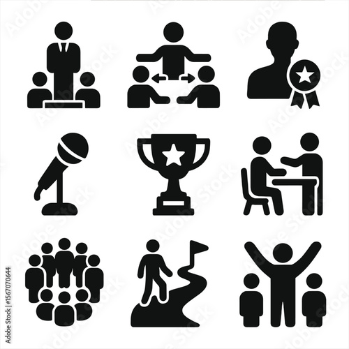 Leadership Icons Grid. Solid, filled icons set of leadership in collaborative environments: leadership icon,