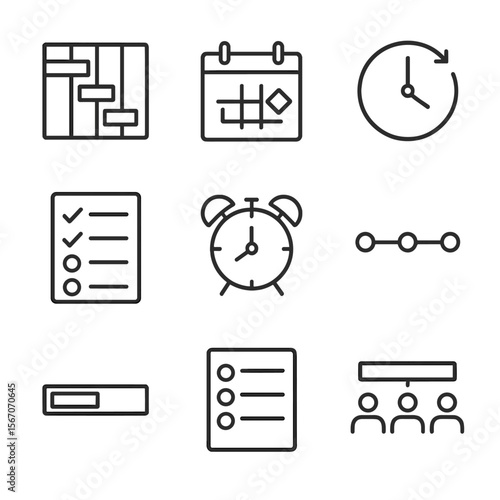 Project Management Icons. Outline icon set of project scheduling and timeline: Gantt chart, calendar with milestone, clock with