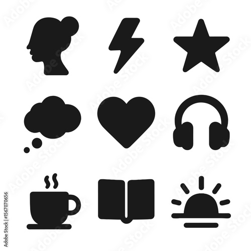 Musical Inspiration Icons. Solid, filled icon set of music inspiration: muse, lightning bolt, star, dream cloud, heart, headphones