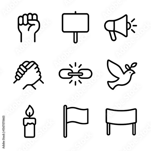 Protest Symbols Icons. Outline icon set of protest symbols and paraphernalia: raised fist, protest placard, megaphone, picket sign