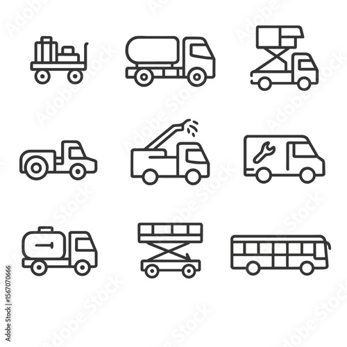 Airport Vehicle Icons. Outline icon set of ground operations vehicles: baggage cart, fuel truck, catering truck, pushback tractor,