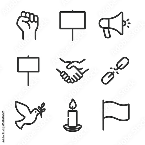 Protest Symbols Icons. Outline icon set of protest symbols and paraphernalia: raised fist, protest placard, megaphone, picket sign