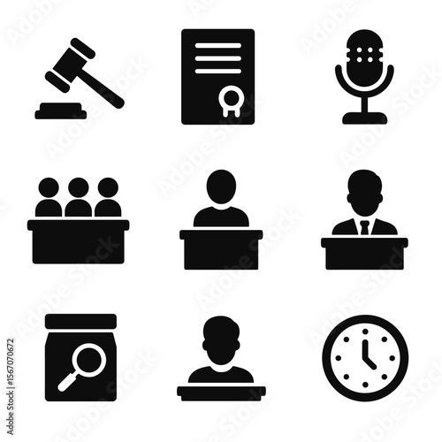 Courtroom Icon Set. Solid, filled icon set of courtroom objects: gavel, legal document, microphone, jury box, defendant, plaintiff