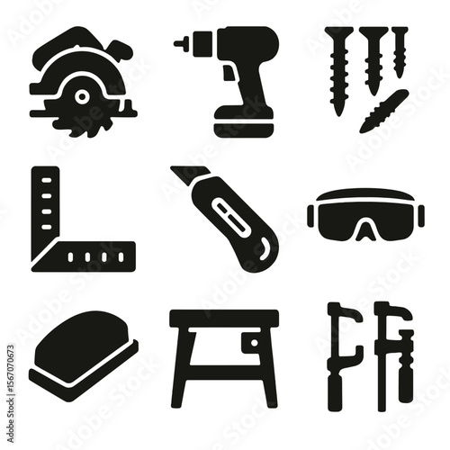DIY Tools Icons. Solid, filled icons set of DIY remodeling tools: circular saw, cordless drill, screw set,