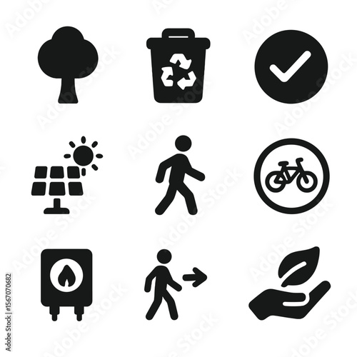 Eco-Friendly Icon Set. Solid, filled icon set of behavior and environment: tree, recycling bin, green choice icon, solar panel,