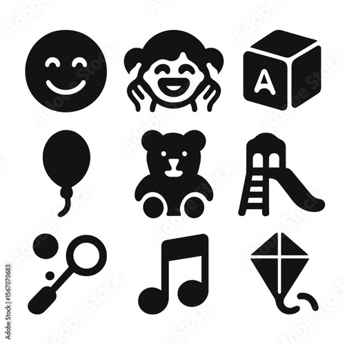 Childhood Laughter Icons. Solid, filled icon set of child’s laughter moments: smiling face, giggling child, toy block, balloon,