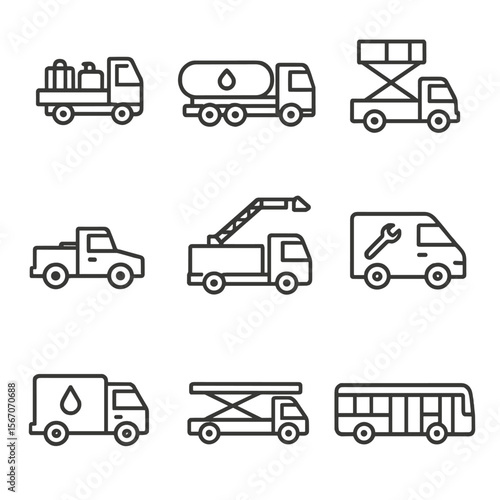 Airport Vehicle Icons. Outline icon set of ground operations vehicles: baggage cart, fuel truck, catering truck, pushback tractor,