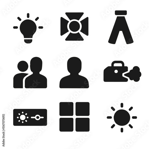 Lighting Effects Icons. Solid, filled icons set of lighting effects and mood creation: warm tone light,
