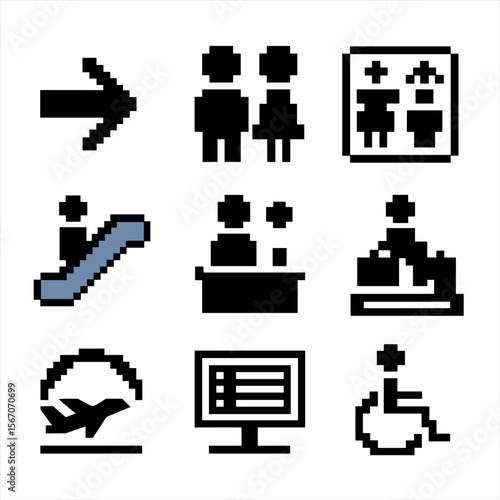 Airport Icon Set. Pixel art icon set of airport signage: directional arrow, restroom icon, elevator, escalator, information desk,