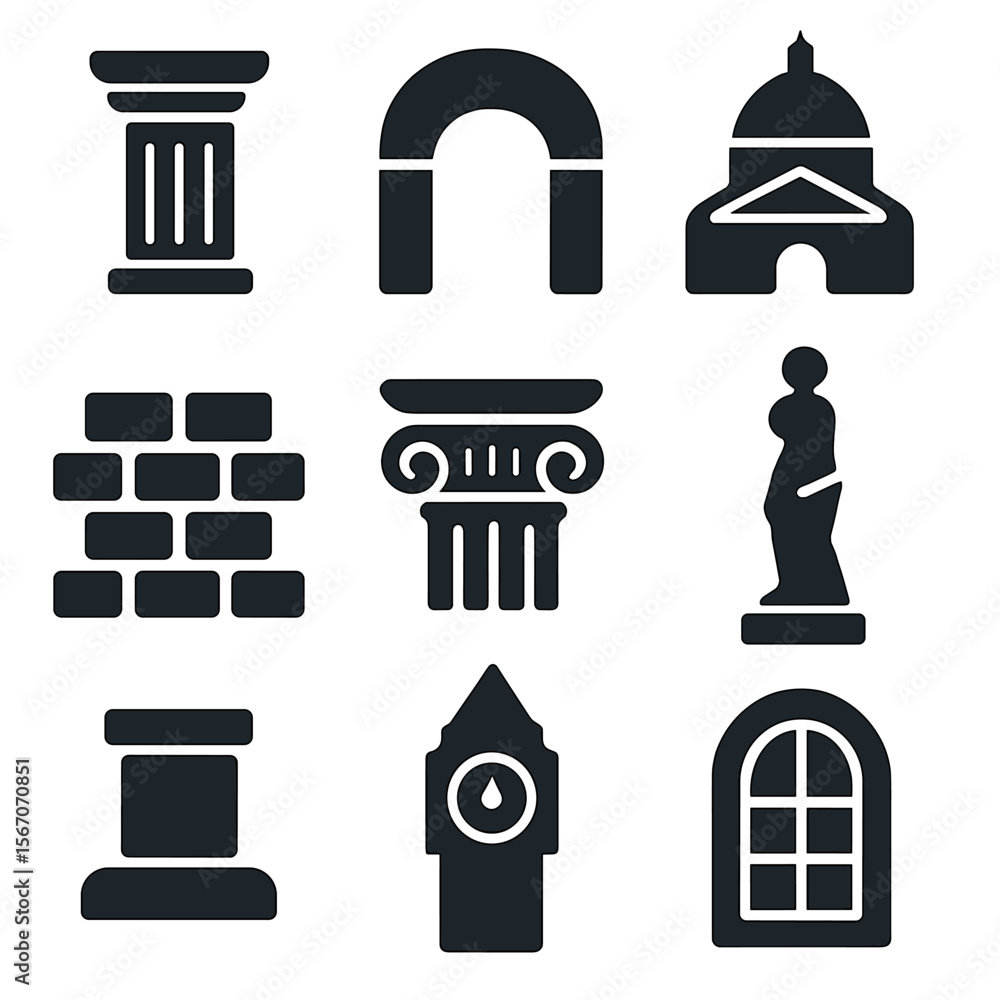 Fototapeta premium Classic Architecture Icons. Solid, filled icon set of classic architecture: Roman column, archway, dome, brick wall, Corinthian