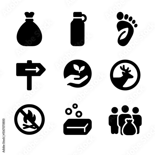Eco-Friendly Hiking Icons. Solid, filled icon set of eco-conscious hiking habits: trash bag, reusable bottle, eco footprint, stay