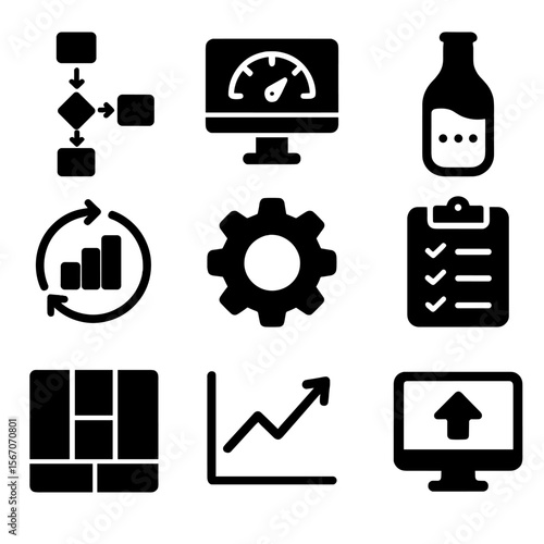Business Process Icons. Solid, filled icons set of business process optimization: workflow diagram, KPI board,