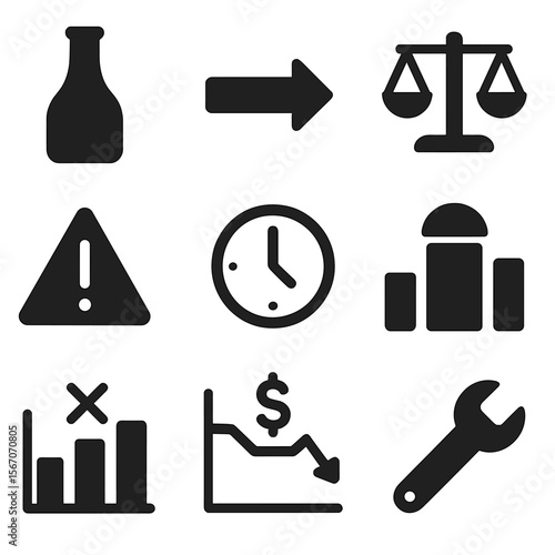 Business Icons Grid. Solid, filled icons set of business scalability challenges: bottleneck icon, slow arrow,