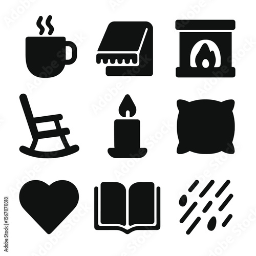 Cozy Comfort Icons. Solid, filled icon set of comforting symbols: warm cup, cozy blanket, fireplace, rocking chair, candle flame,