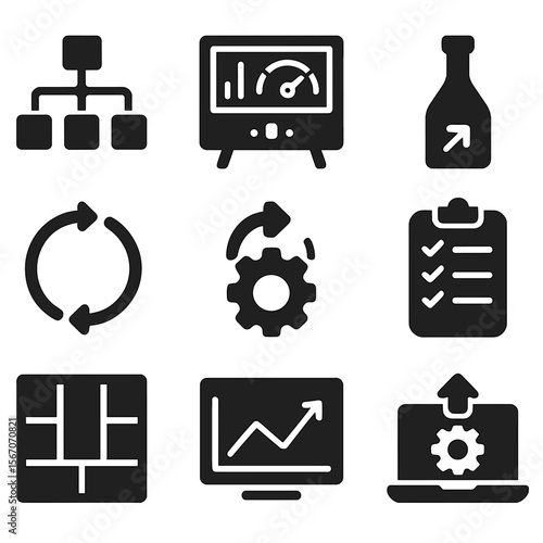 Business Process Icons. Solid, filled icons set of business process optimization: workflow diagram, KPI board,