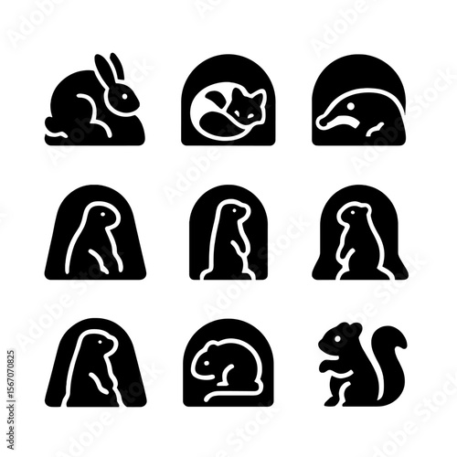 Animal Burrow Icons. Solid, Filled icon set of burrow and den sleepers: rabbit warren, fox den, badger sett, prairie dog hole,