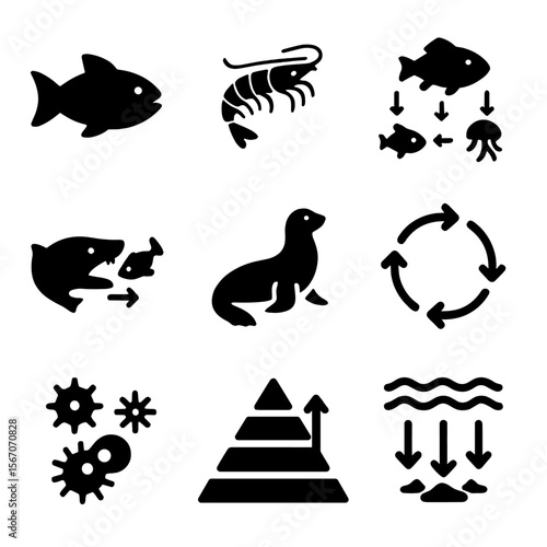 Marine Food Chain Icons. Solid, filled icons set of marine food chain analysis: fish icon, krill, food web