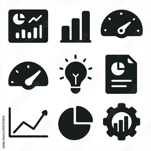 Business Analytics Icons. Solid, filled icons set of business intelligence and analytics: dashboard chart, bar