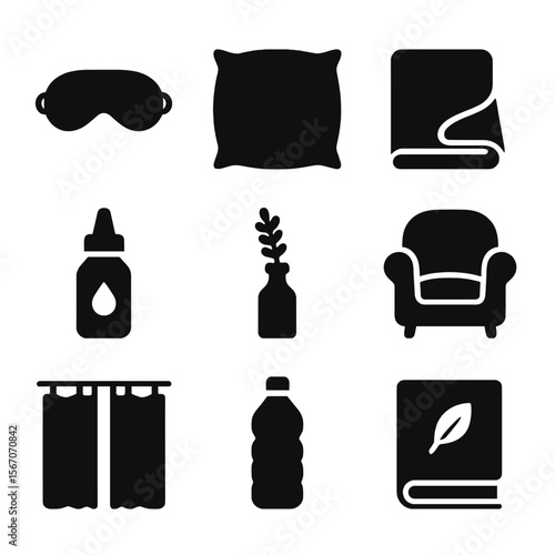 Nap Essentials Icons. Solid, filled icon set of daytime nap essentials: sleep mask, pillow, blanket, eye drops, lavender oil, cozy
