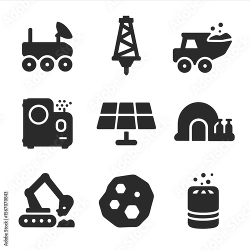 Lunar Resource Icons. Solid, filled icons set of lunar resource extraction: moon rover, drill rig, regolith