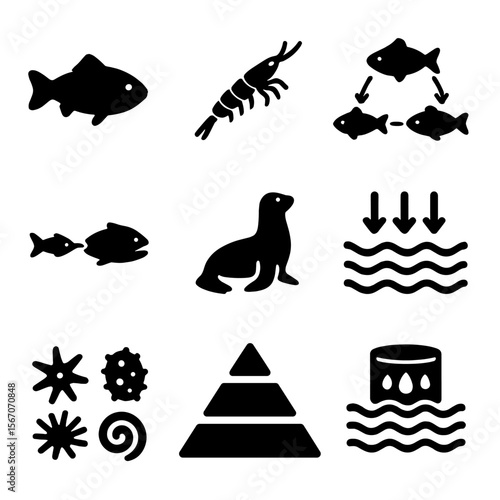 Marine Food Chain Icons. Solid, filled icons set of marine food chain analysis: fish icon, krill, food web