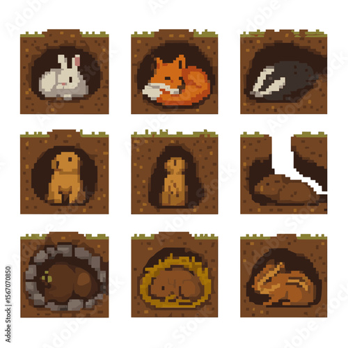 Animal Burrow Icons. Pixel art icon set of burrow and den sleepers: rabbit warren, fox den, badger sett, prairie dog hole, meerkat
