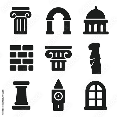 Classic Architecture Icons. Solid, filled icon set of classic architecture: Roman column, archway, dome, brick wall, Corinthian