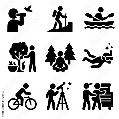 Eco-Tourism and Repair Icons. Solid, filled icon set of eco-tourism activities: birdwatching, trail hiking, kayaking, organic farm