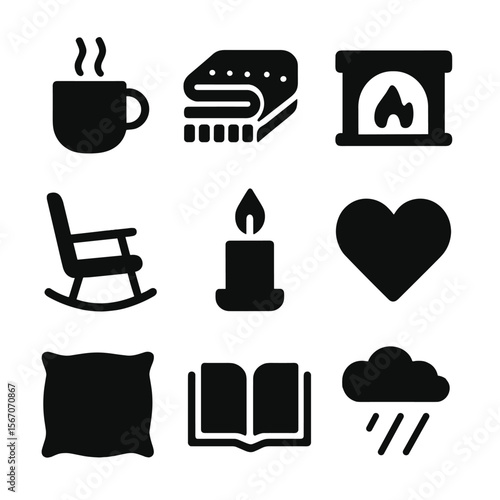 Cozy Comfort Icons. Solid, filled icon set of comforting symbols: warm cup, cozy blanket, fireplace, rocking chair, candle flame,