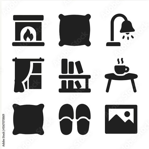 Cozy Home Icons. Solid, filled icon set of indoor comfort scene: fireplace, cushion, warm light, curtain, bookshelf, coffee table,
