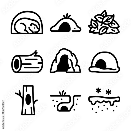 Animal Hibernation Icons. Outline icon set of animal hibernation habitats: bear den, ground hole, leaf pile, log hollow, cave