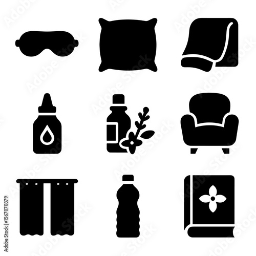 Nap Essentials Icons. Solid, filled icon set of daytime nap essentials: sleep mask, pillow, blanket, eye drops, lavender oil, cozy