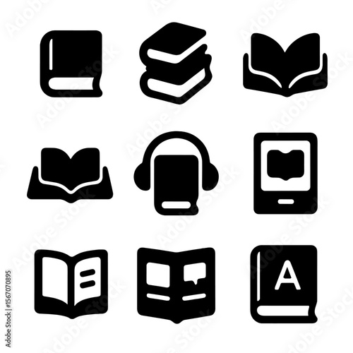 Children's Book Icons. Solid, filled icon set of book types for children: hardcover, paperback, board book, pop-up book, audio