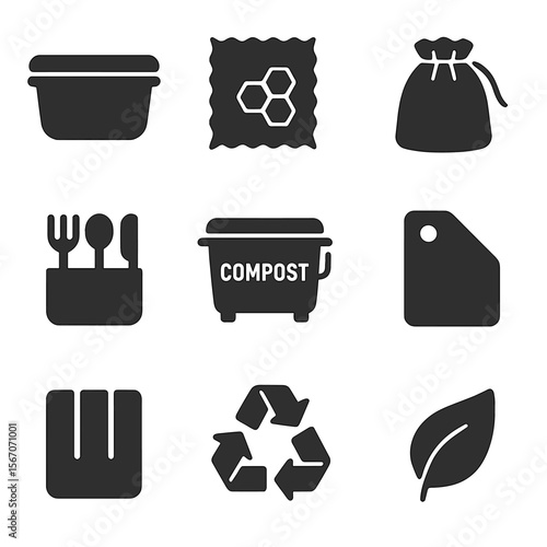 Eco-Friendly Kitchen Icons. Solid, filled icons set of eco-friendly kitchen storage: glass container, beeswax