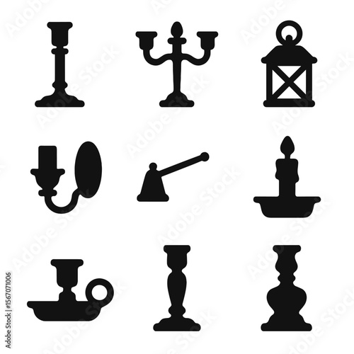 Antique Candle Holders. Solid, Filled icon set of antique candle holders: brass candlestick, candelabra, lantern, wall sconce,