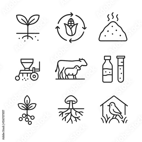 Regenerative Farming Icons. Outline icon set of regenerative farming practices: cover crop sprout, crop rotation diagram, compost