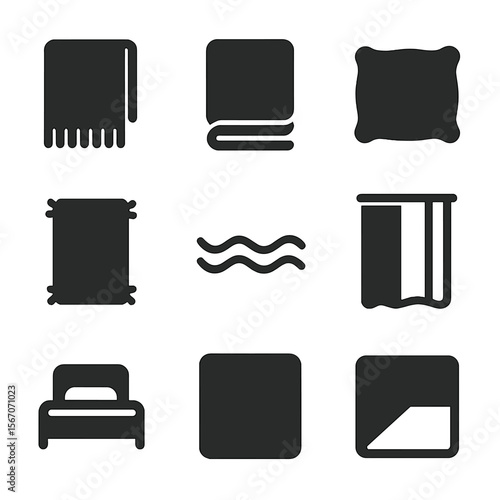 Minimalist Furnishing Icons. Solid, filled icons set of minimalist soft furnishing design: solid throw, linen