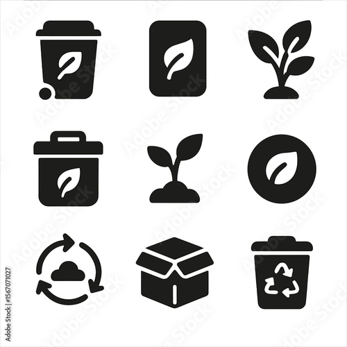 Eco-Friendly Packaging Icons. Solid, filled icons set of biodegradable and compostable packaging: compost bin,