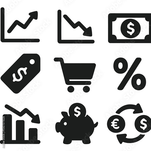 Economic Icons Grid. Solid, filled icons set of inflation and deflation: rising graph, falling graph, dollar