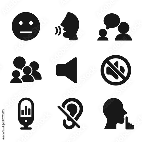 Classroom Noise Chart Icons. Solid, filled icon set of classroom sound level chart: silent face, whisper symbol, talking pair,