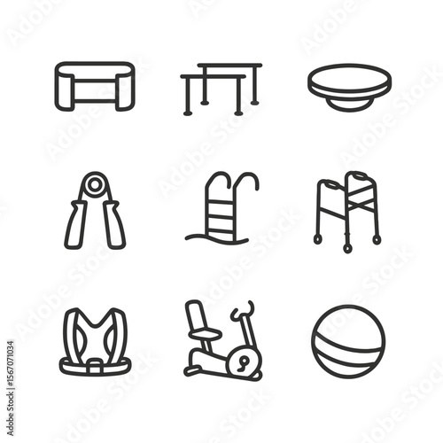 Rehabilitation Tools Icons. Outline icon set of rehabilitation and therapy tools: therapy resistance band, parallel bars, balance