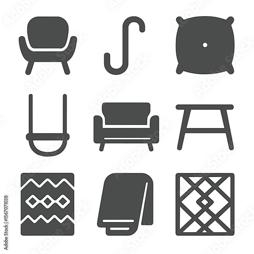 Minimalist Furniture Icons. Solid, filled icons set of minimal yet playful furniture: floating chair, sleek